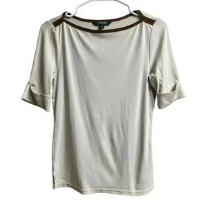 Lauren Ralph Lauren Faux Suede Trim Short Sleeve Boat Neck Women's Blouse Small
